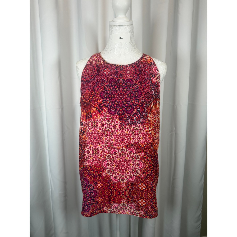 Adrienne Vittadini Pink Orange Mandala Sleeveless Blouse Medium Keyhole Back